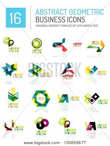 Abstract geometric business logo icon set. Colorful geometrical figure compositions with light effects - triangles circles rings arrows lines
