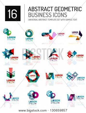Abstract geometric business logo icon set. Colorful geometrical figure compositions with light effects - triangles circles rings arrows lines