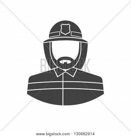 Fireman icon. Black icon fireman on white background. Vector illustration. Silhouette of a firefighter in uniform.