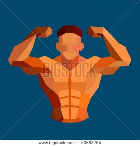 Polygonal colored vector bodybuilder logo. Sportsman shows his biceps. Fitness gym label