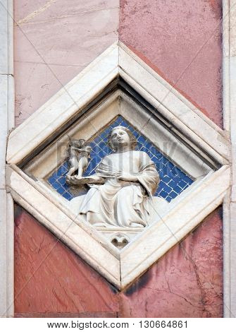 FLORENCE, ITALY - JUNE 05: Venus by Nino Pisano, 1337-41., Relief on Giotto Campanile of Cattedrale di Santa Maria del Fiore (Cathedral of Saint Mary of the Flower), Florence, Italy on June 05, 2015