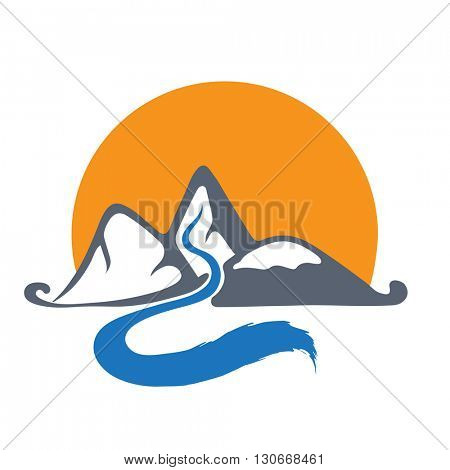 Mountain river and sun, vector logo illustration.