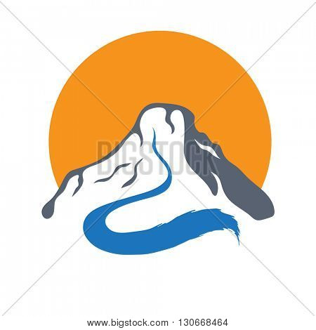 Mountain river and sun, vector logo illustration.