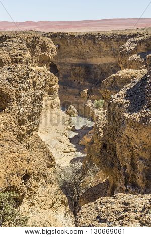View of Sesriem Canyon near Sossusvlei in the Namib-Naukluft National Park of Namibia