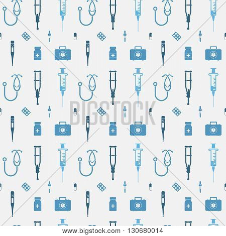 Medicine seamless pattern. Icons medical seamless pattern texture. Flat design graphic. Medical background. Elements medical assistance. Vector Illustration