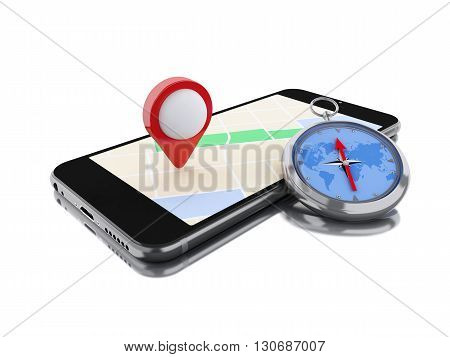 3d renderer image. Smartphone with a map red pointer and a compass. Navigation concept. Isolated white background.