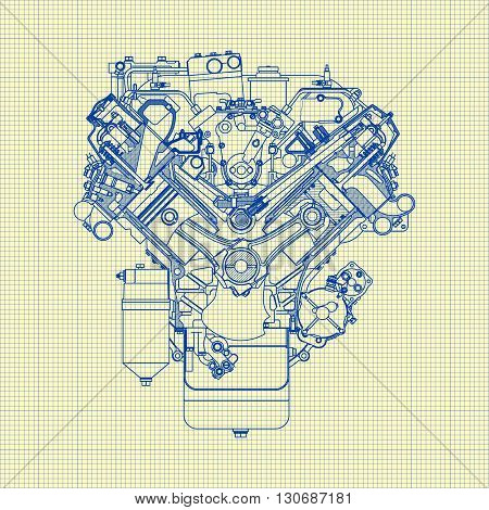 Drawing old engine on graph paper Vector background.