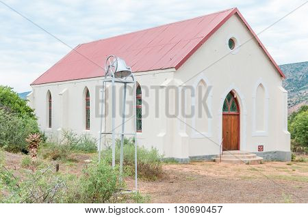 BAVIAANSKLOOF SOUTH AFRICA - MARCH 6 2016: The Dutch Reformed Church with bell at Zandvlakte in the Baviaanskloof (baboon valley). It was built in 1918