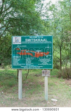 BAVIAANSKLOOF SOUTH AFRICA - MARCH 6 2016: An information board at Smitskraal in the Baviaanskloof (baboon valley). The board indicates distances and travel times from this point