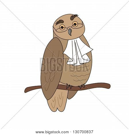 Cartoon illustration of an owl in glasses with jabot.