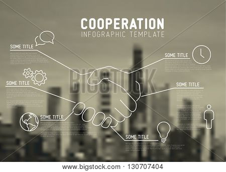 Vector Infographic cooperation report template made from lines and icons with handshake and city skyline