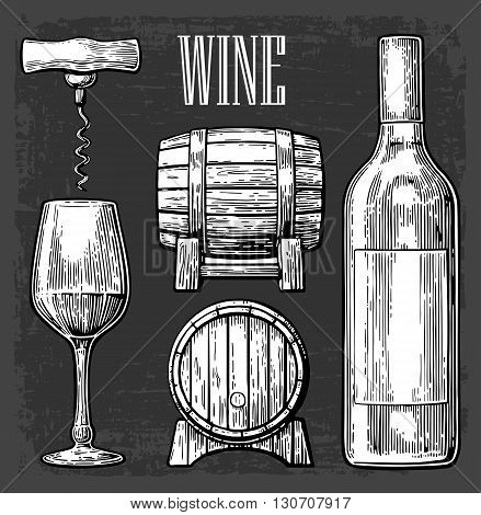 Wine set. Bottle glass corkscrew barrel. Black vintage engraved vector illustration isolated on gark background. For label poster web.