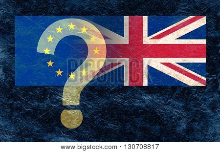 Which way will it go on June 23 - Dark blue stone background with a European Union flag and Union Jack flag merging together and a transparent ? over the gold stars with copy space at the bottom