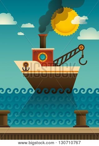 Tugboat illustration in color. Vector illustration.