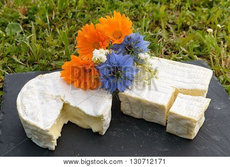 a normandie French cheese on a plate with flowers