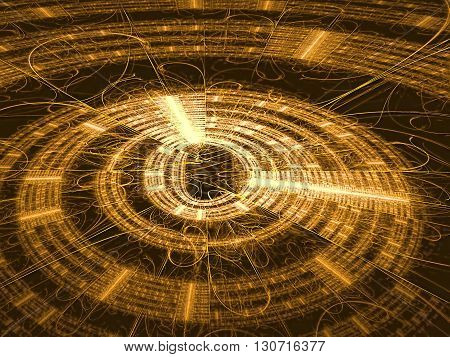 Abstract technology backbround - computer-generated image. Fractal background - golden disc with radiating from the center lines and metallic luster. For banners, covers, web design