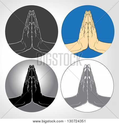 Vector Thai greeting Sawasdee.Two Hands Pressed Together in Prayer Position. Action for Prayer, Gratitude, Greeting and Thankful ,  thank you gesture, 4 variants Isolated on White Background