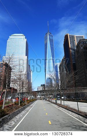 NEW YORK - MARCH 6, 2016: Freedom Tower in Lower Manhattan. One World Trade Center is the tallest building in the Western Hemisphere and the third-tallest building in the world