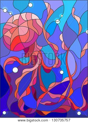 Illustration in stained glass style with abstract jellyfish against a blue sea and bubbles