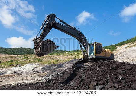 Yellow Backhoe Work In Coalmine