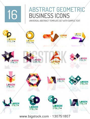 Abstract geometric business logo icon set. Colorful geometrical figure compositions with light effects - triangles circles rings arrows lines