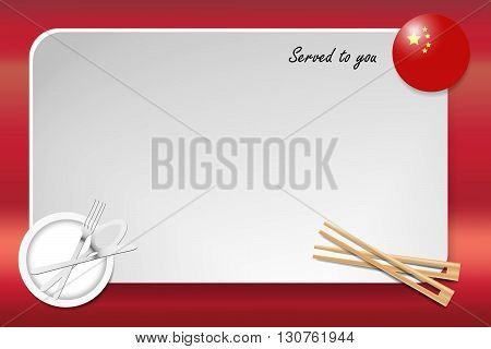 Notice board with inscription inscription Served by and with a Chinese round-flag in the corner. Plate with cutlery set and chopsticks are in the opposite corner.