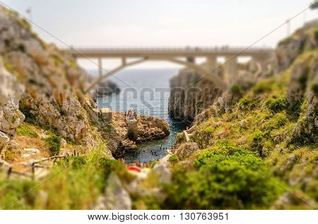 Beautiful Seascape At Ciolo Bridge, Apulia, Italy. Tilt-shift Effect Applied