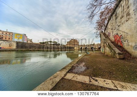 ROME - January 12: Nice view of the river Tiber January 12 2016 in Rome Italy.