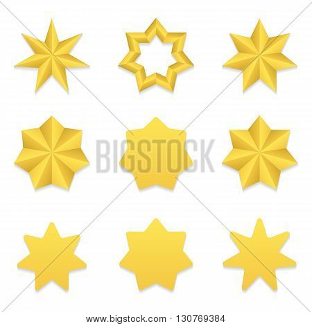Set of nine different golden seven point stars. Vector, eps10.