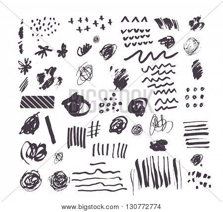 Hand drawn black shapes, stains, lines dots and abstract elements