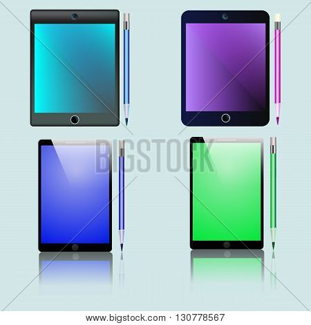 Phones and tablets for business with pencils. Vector illustration in different colors.