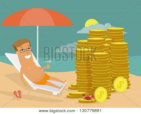 Successful businessman resting on the beach in front of his money. Success business concept cartoon illustration. Vector