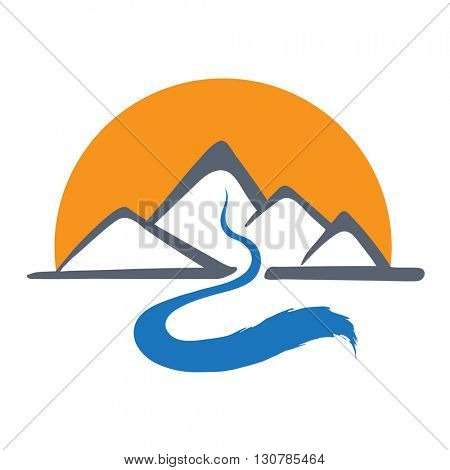 Mountain river and sun, vector logo illustration.
