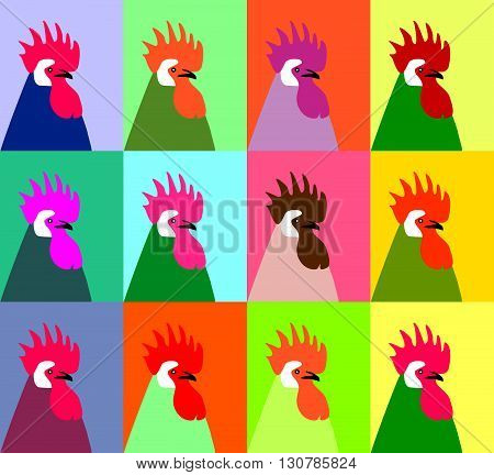 Pop art portrait of twelve multi-colored roosters vector. Roosters vector. The patchwork or quilt. Quilt pattern vector.