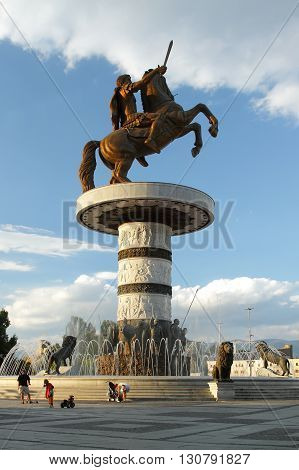 Macedonia Skopje Alexander the Great Monument and fountain at Macedonia Square afternoon light