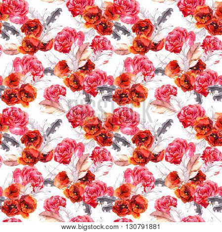 Vintage floral repeating sealess background with poppies and feathers in natural colors
