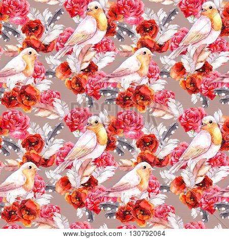 Vintage floral repeating sealess background with poppies, feathers and birds in natural colors
