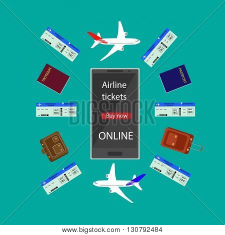 Internet airline. Booking flight ticket online via internet smart phone infographic. Buying or booking Airline tickets.