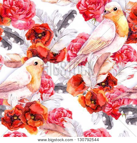Vintage floral repeating sealess background with poppies, feathers and birds in natural colors