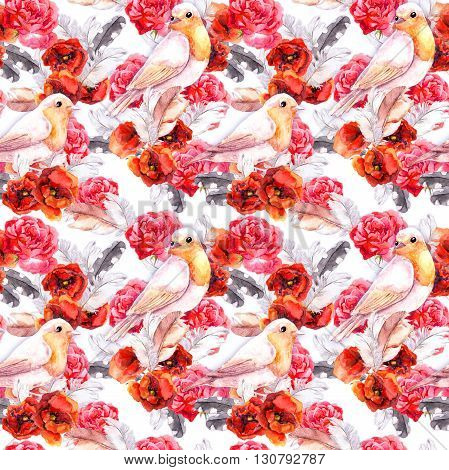 Vintage floral repeating sealess background with poppies, feathers and birds in natural colors