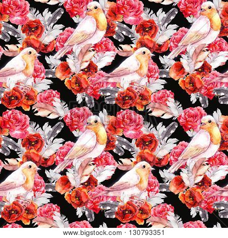 Vintage floral repeating sealess background with poppies, feathers and birds in natural colors