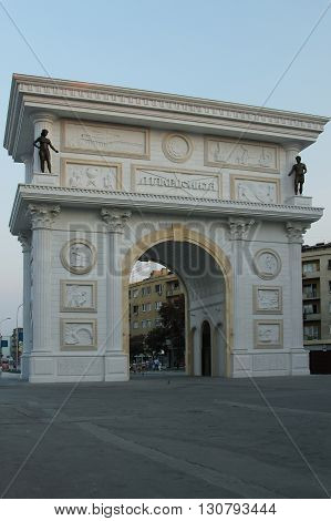 Macedonia Skopje Triumphal Arch seen at dusk