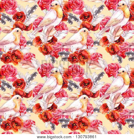 Vintage floral repeating sealess background with poppies, feathers and birds in natural colors