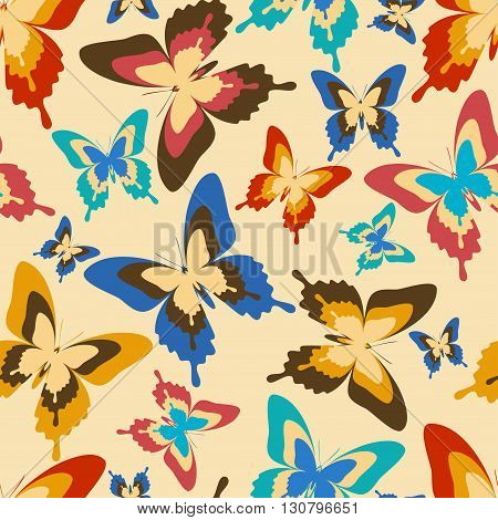 Stylish background seamless pattern with flying colorful butterflies in vintage or retro style. Bright trendy multicolored wallpaper. Vector illustration