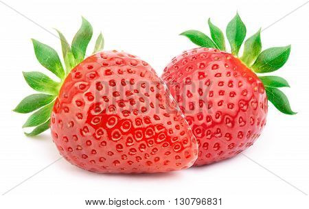 Two perfectly cleaned strawberries with leaves isolated on the white background with clipping path