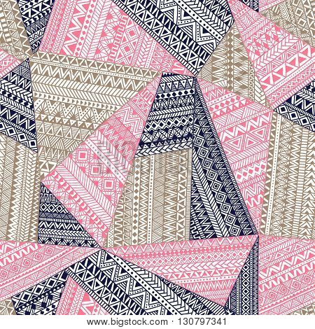 Geometric ornament patchwork. Ethnic and tribal motifs. Vector illustration drawn by hand. Blue gray and pink colors. Bohemian style. Seamless pattern.