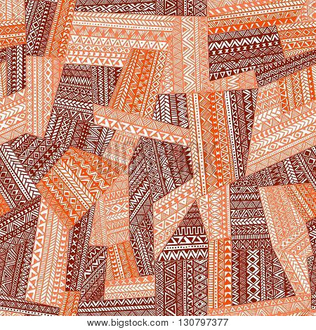 Seamless pattern of patchwork. Orange geometric elements. Tribal and ethnic motifs. Handmade. Vector illustration