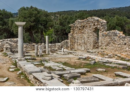 Panorama to Ruins of ancient church in Archaeological site of Aliki, Thassos island,  East Macedonia and Thrace, Greece
