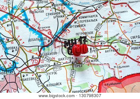 Illustrative editorial.Estern Ukraine map with site MH-17 flight crush. At April 25,2016 in Kiev, Ukraine