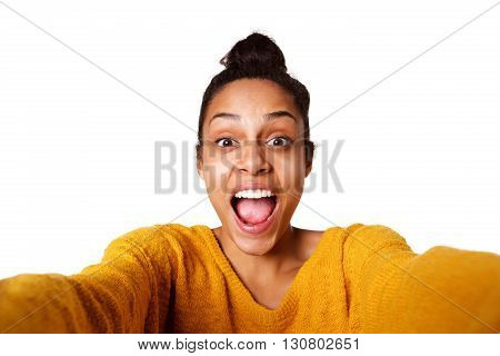 Excited Young African Lady Taking Selfie And Laughing